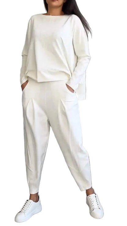 Women's Long Sleeve Top with Round Neck and Tapered Pants Set