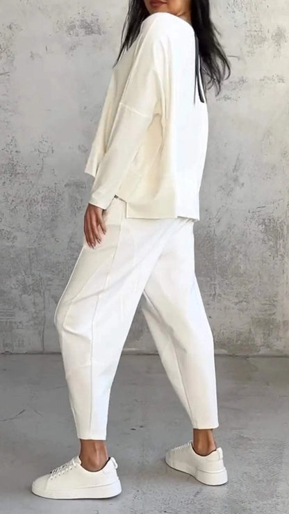 Women's Long Sleeve Top with Round Neck and Tapered Pants Set