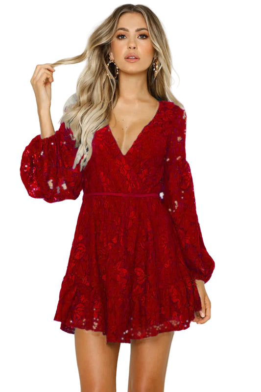 Women’s Mini Dress with Deep V-Neck Cut and Lace Sleeves