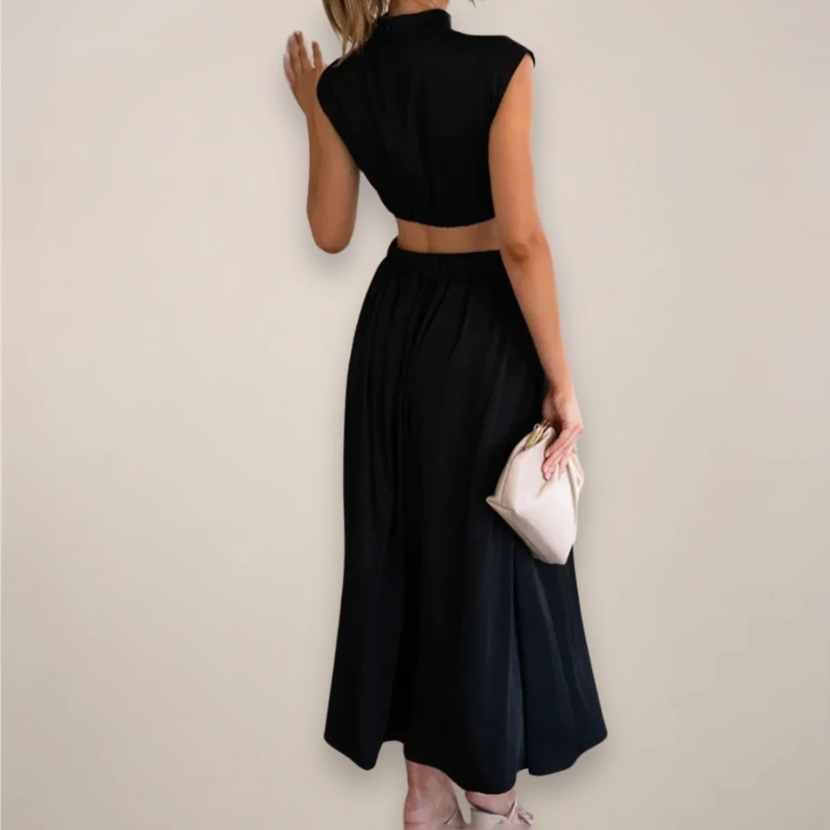 Women’s Mock Neck Maxi Dress with Sleeveless Cut and Cut-Out Waist