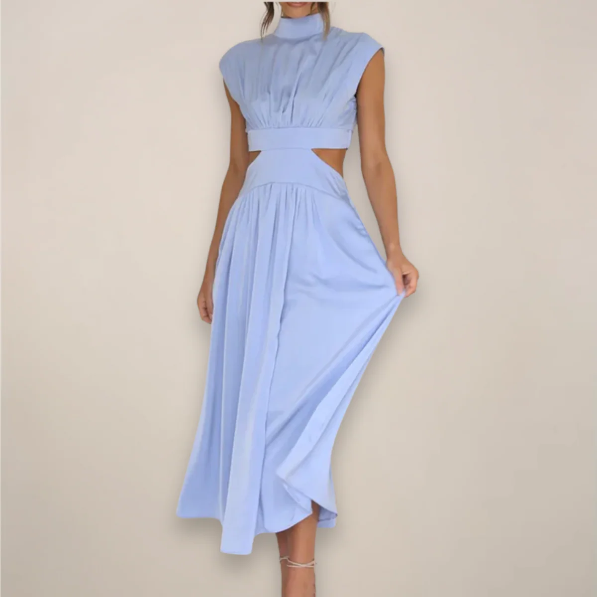 Women’s Mock Neck Maxi Dress with Sleeveless Cut and Cut-Out Waist