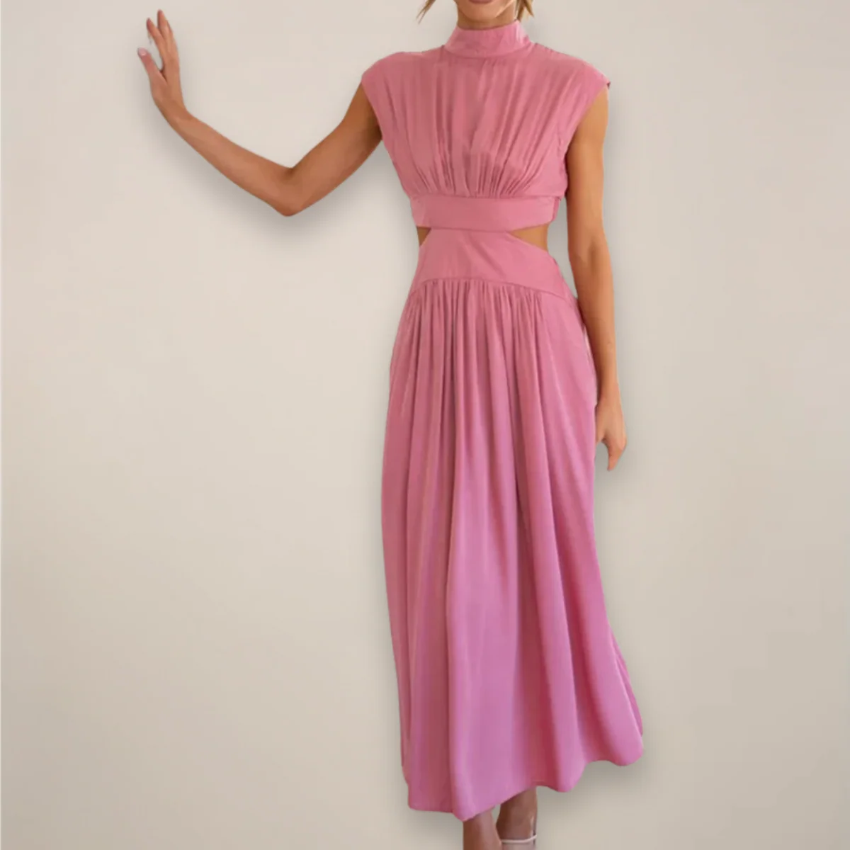 Women’s Mock Neck Maxi Dress with Sleeveless Cut and Cut-Out Waist