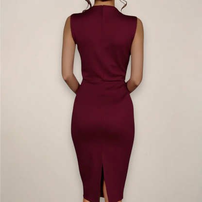 Women’s Mock Neck Midi Dress with Sleeveless Cut and Ruched Waist