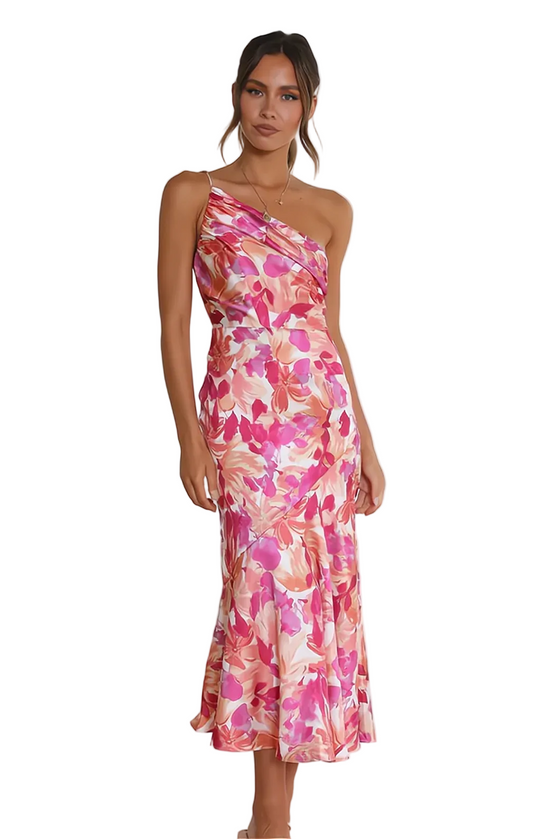 Women’s One-Shoulder Midi Dress with Floral Print and Flared Hem