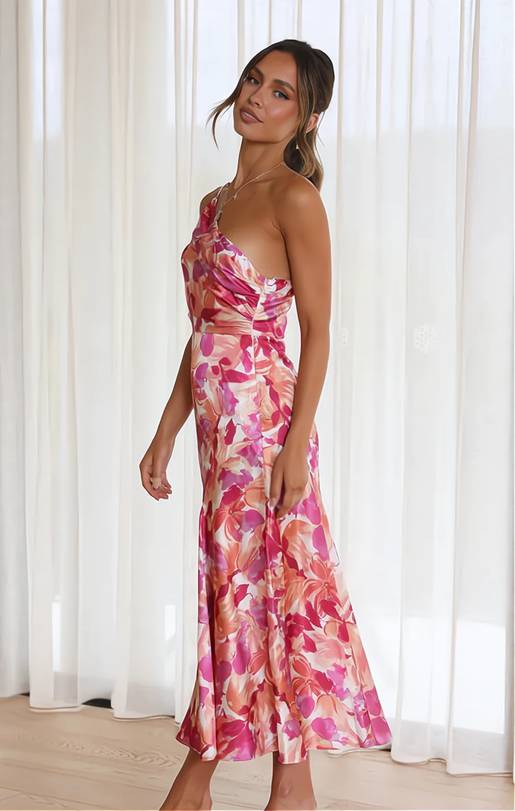Women’s One-Shoulder Midi Dress with Floral Print and Flared Hem