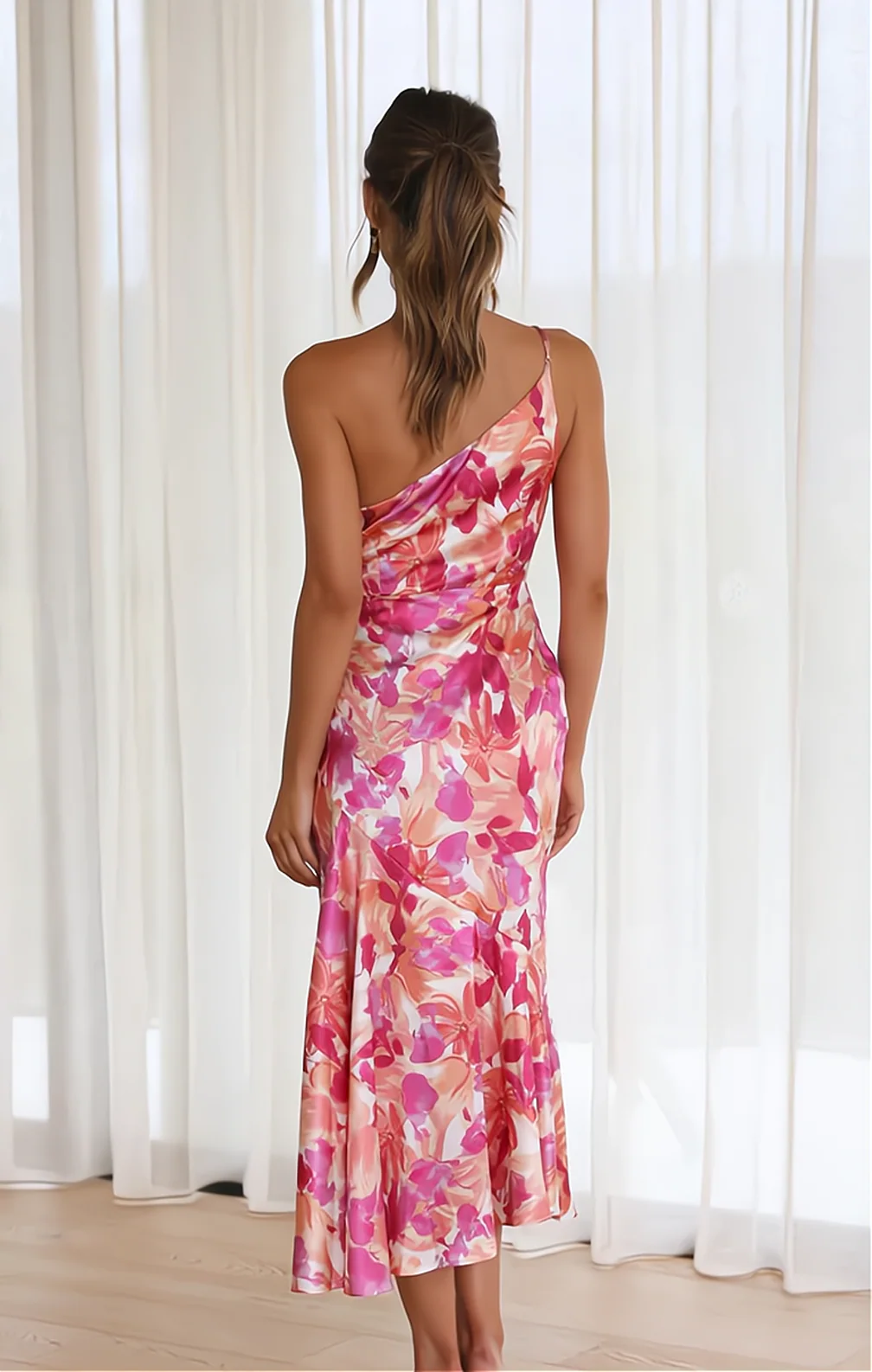 Women’s One-Shoulder Midi Dress with Floral Print and Flared Hem