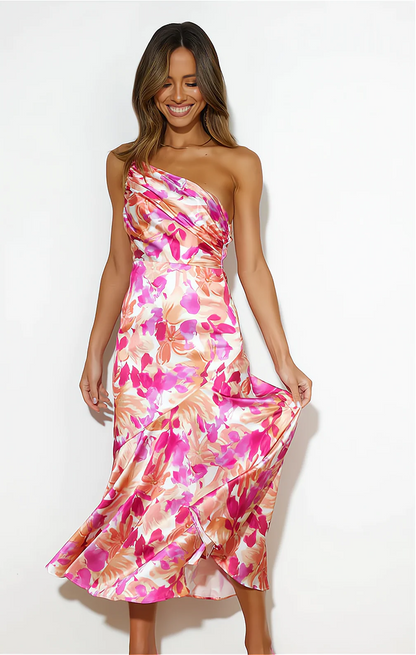 Women’s One-Shoulder Midi Dress with Floral Print and Flared Hem