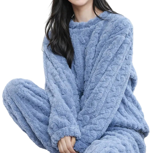Women’s Plush Fleece Loungewear Set with Crew Neck Top and Elastic Waist Pants