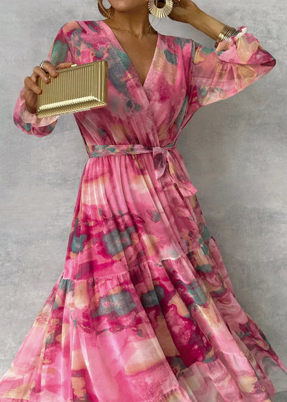 Women’s Printed Maxi Dress with Long Sleeves and Flowing Skirt