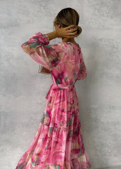 Women’s Printed Maxi Dress with Long Sleeves and Flowing Skirt