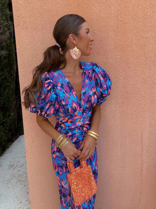 Women’s Printed Maxi Dress with Short Puff Sleeves and Fitted Waist