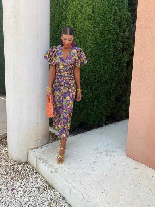 Women’s Printed Maxi Dress with Short Puff Sleeves and Fitted Waist