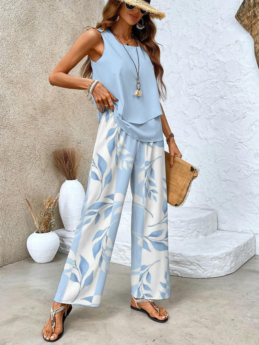 Women’s Round Neck Blouse with Layered Hem and Wide Leg Pants Set