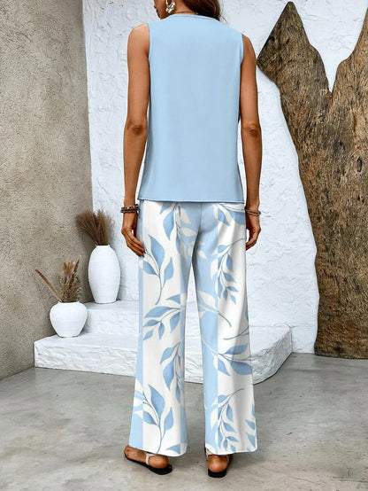Women’s Round Neck Blouse with Layered Hem and Wide Leg Pants Set