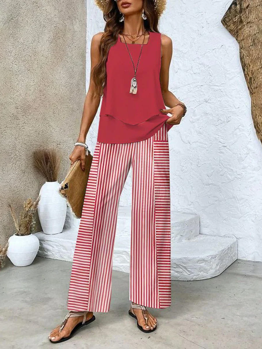 Women’s Round Neck Blouse with Layered Hem and Wide Leg Pants Set