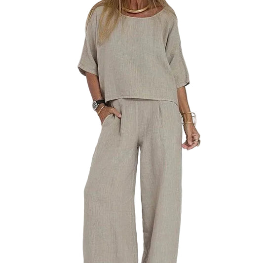Women’s Round Neck Blouse with Short Sleeves and Wide Leg Pants Set
