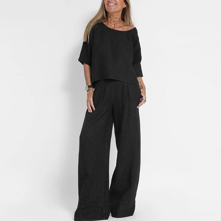 Women’s Round Neck Blouse with Short Sleeves and Wide Leg Pants Set