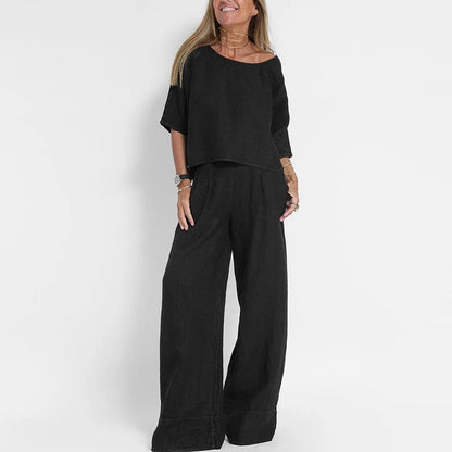 Women’s Round Neck Blouse with Short Sleeves and Wide Leg Pants Set