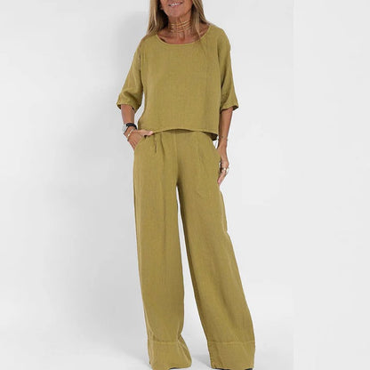 Women’s Round Neck Blouse with Short Sleeves and Wide Leg Pants Set