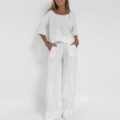 Women’s Round Neck Blouse with Short Sleeves and Wide Leg Pants Set