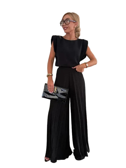 Women’s Round Neck Jumpsuit with Sleeveless Cut and Pleated Wide Leg Pants