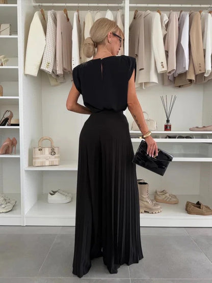 Women’s Round Neck Jumpsuit with Sleeveless Cut and Pleated Wide Leg Pants