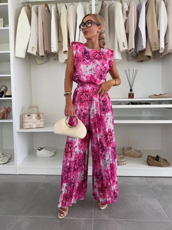 Women’s Round Neck Jumpsuit with Sleeveless Cut and Pleated Wide Leg Pants