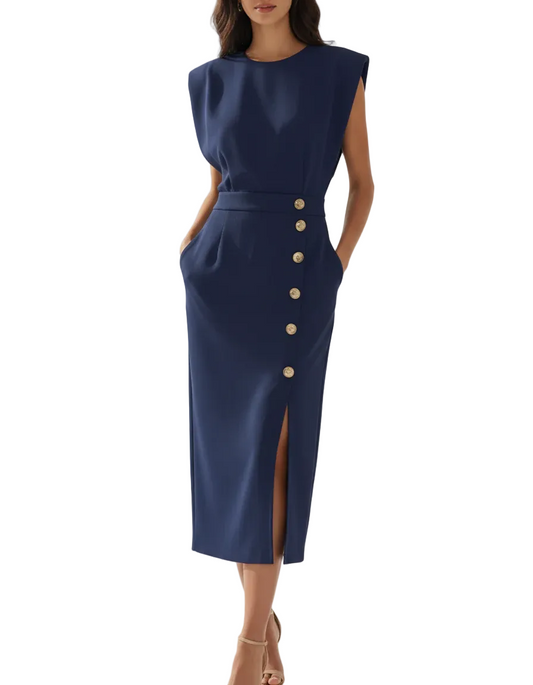 Women’s Round Neck Midi Dress with Sleeveless Cut and Side Button Closure
