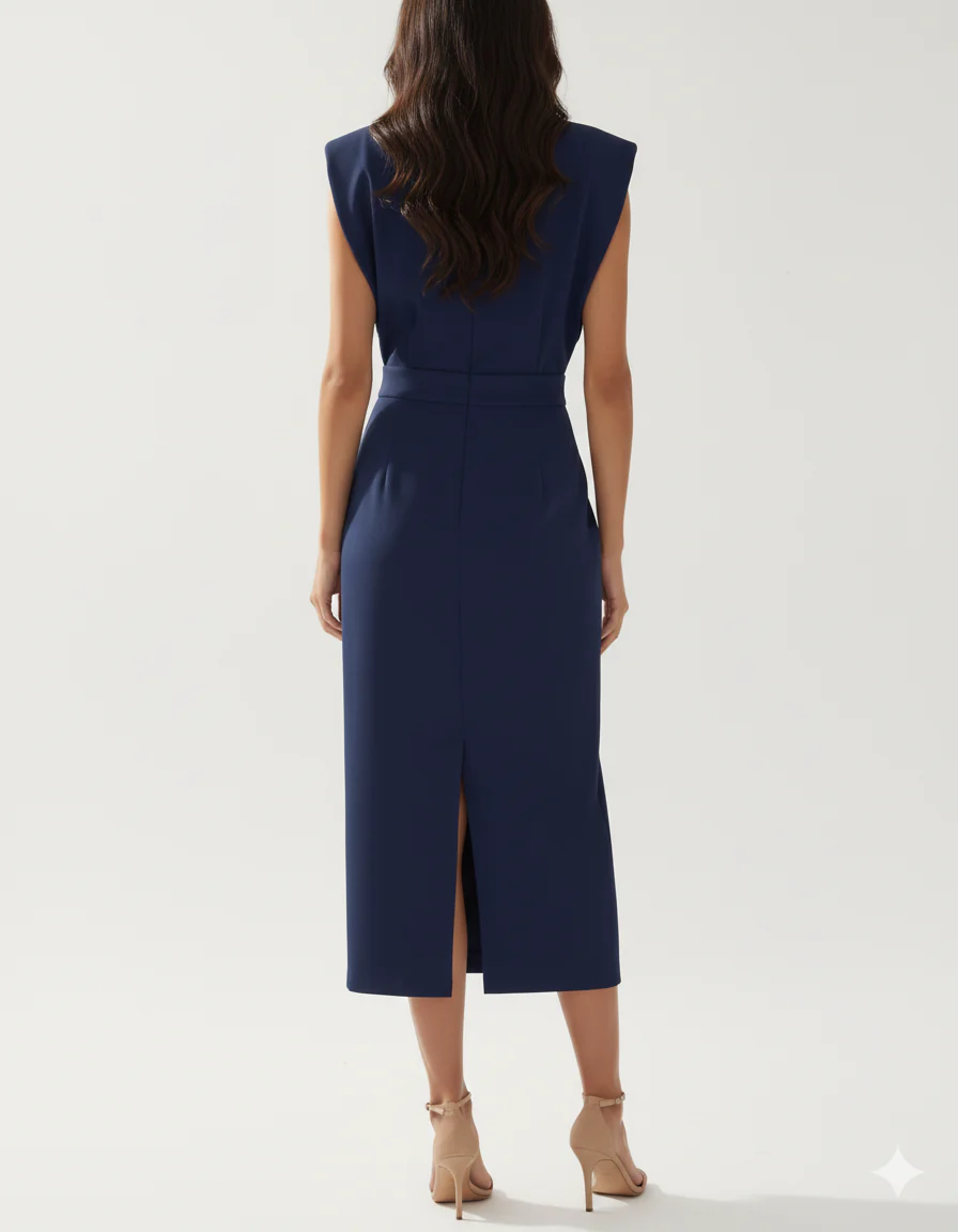 Women’s Round Neck Midi Dress with Sleeveless Cut and Side Button Closure