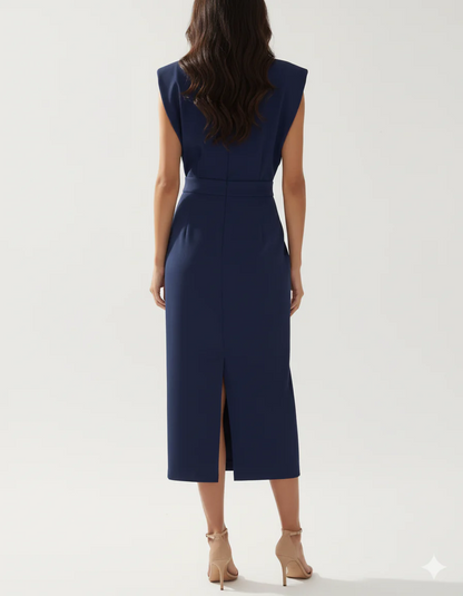 Women’s Round Neck Midi Dress with Sleeveless Cut and Side Button Closure