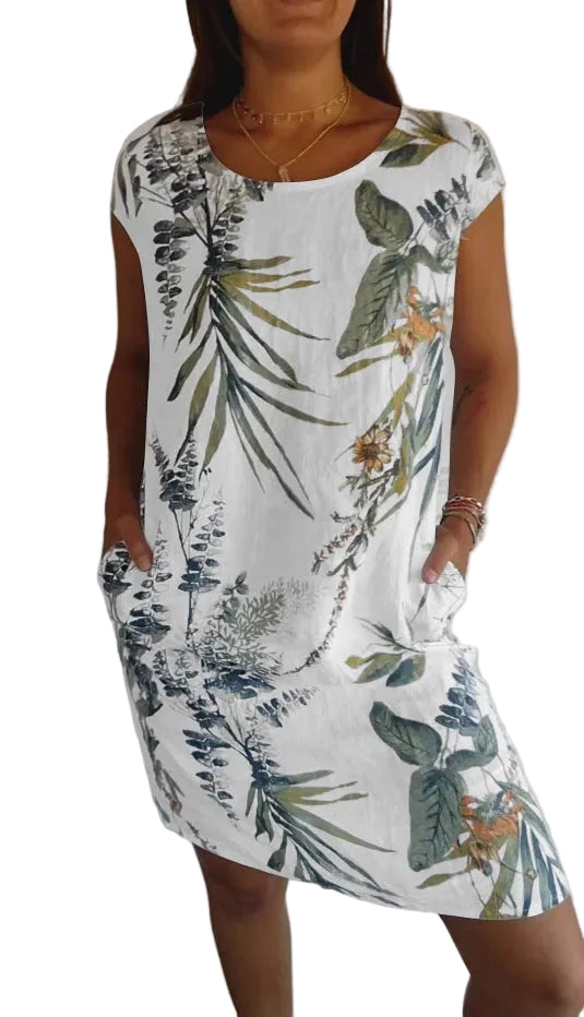 Women’s Round Neck Mini Dress with Short Sleeves and Side Pockets