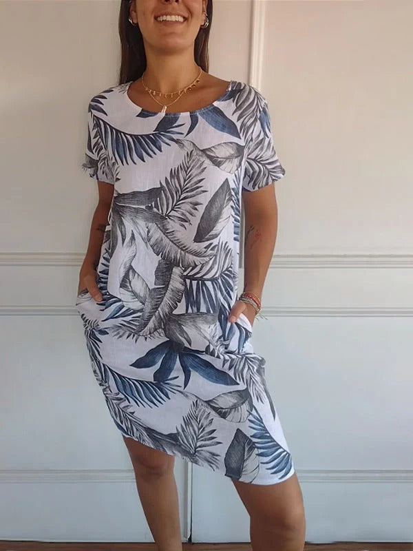 Women’s Round Neck Mini Dress with Short Sleeves and Side Pockets