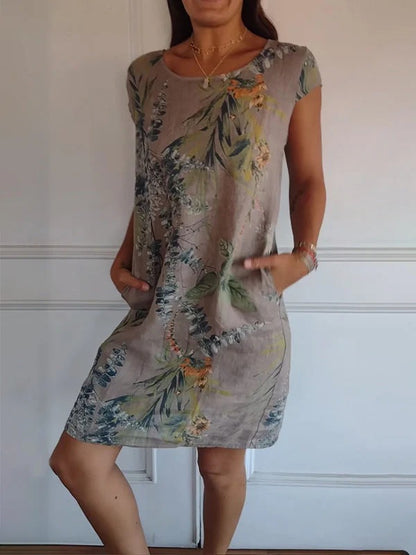 Women’s Round Neck Mini Dress with Short Sleeves and Side Pockets