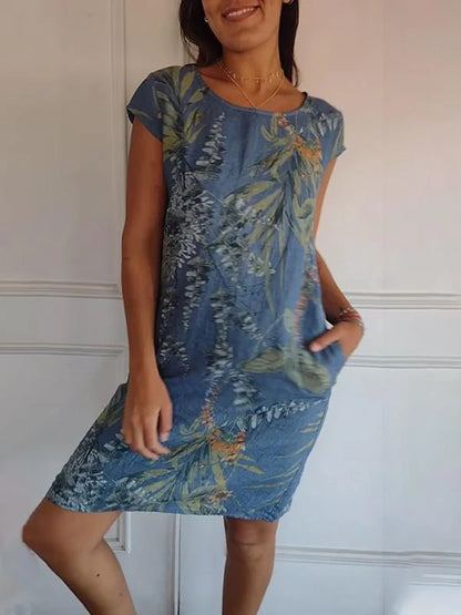 Women’s Round Neck Mini Dress with Short Sleeves and Side Pockets