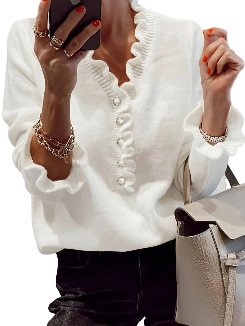 Women’s Ruffle Collar Blouse with Long Sleeves and Button Placket
