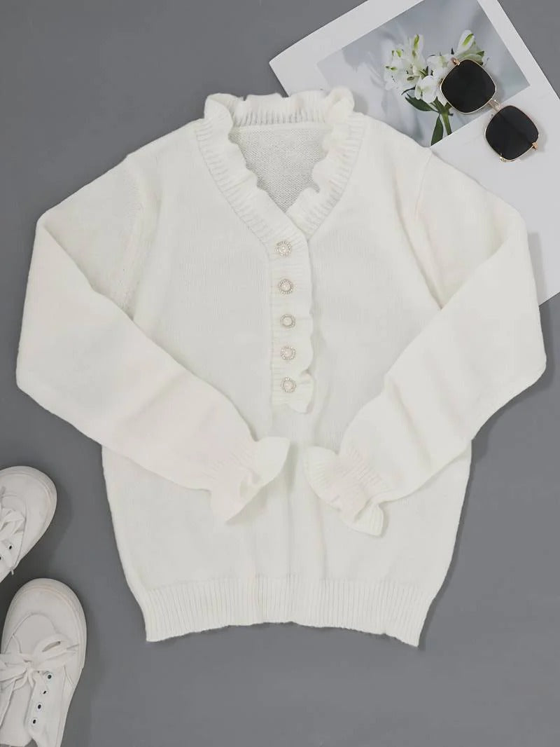 Women’s Ruffle Collar Blouse with Long Sleeves and Button Placket