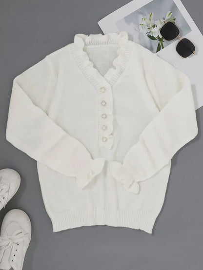 Women’s Ruffle Collar Blouse with Long Sleeves and Button Placket