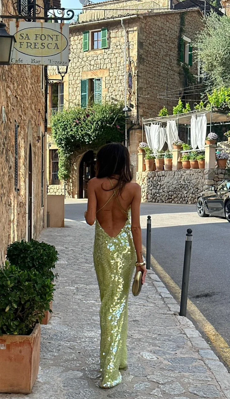 Women’s Scoop Neck Maxi Dress with Spaghetti Straps and Sequin Detail