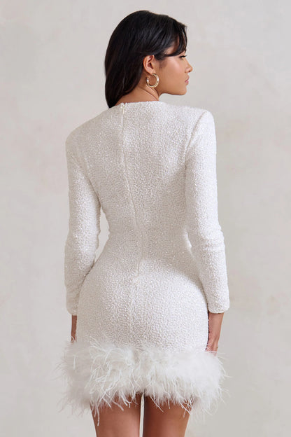 Women’s Sequin Mini Dress with Long Sleeves and Decorative Trim