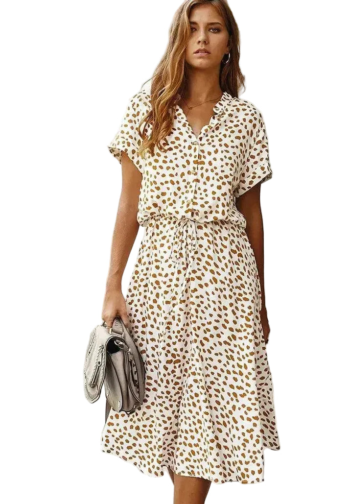 Women’s Short Sleeve Midi Dress with V-Neckline and Tie Waist