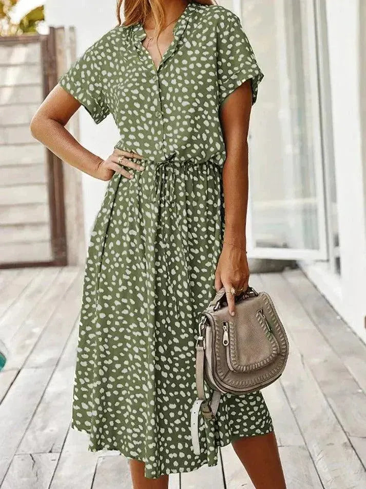 Women’s Short Sleeve Midi Dress with V-Neckline and Tie Waist