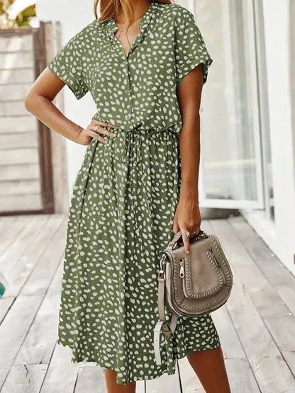 Women’s Short Sleeve Midi Dress with V-Neckline and Tie Waist