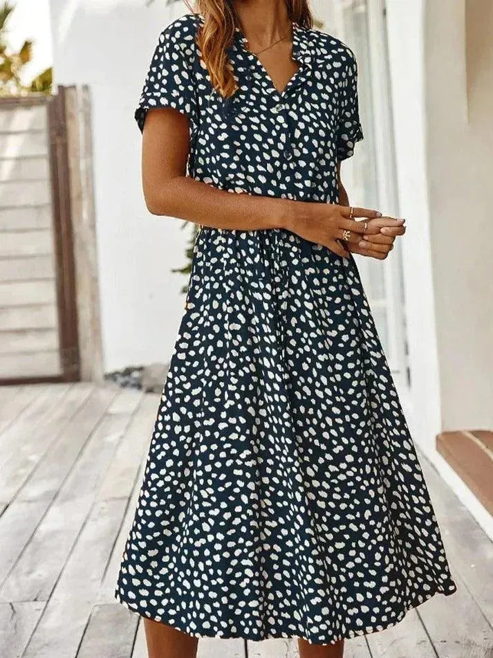 Women’s Short Sleeve Midi Dress with V-Neckline and Tie Waist