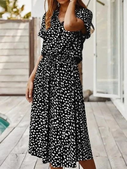 Women’s Short Sleeve Midi Dress with V-Neckline and Tie Waist