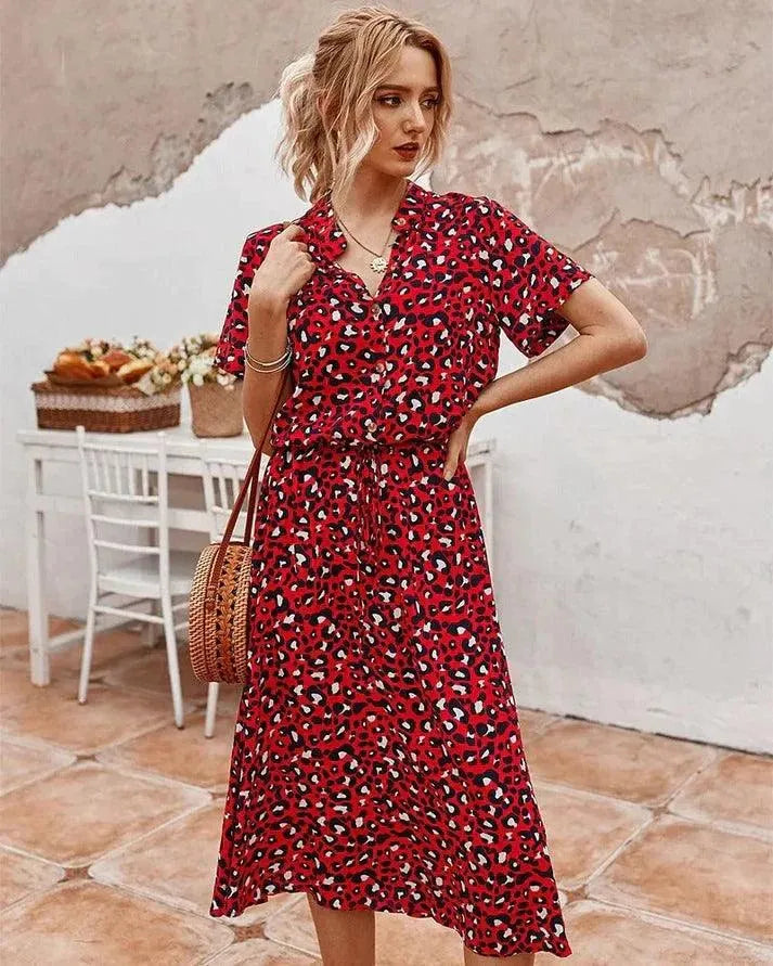 Women’s Short Sleeve Midi Dress with V-Neckline and Tie Waist