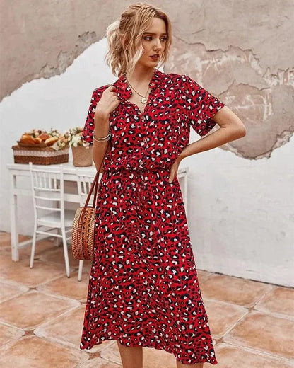 Women’s Short Sleeve Midi Dress with V-Neckline and Tie Waist