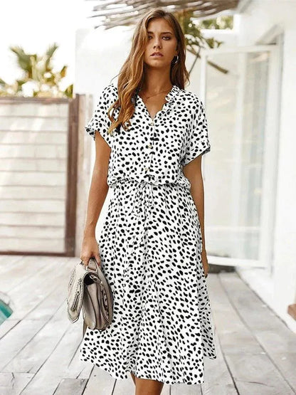 Women’s Short Sleeve Midi Dress with V-Neckline and Tie Waist