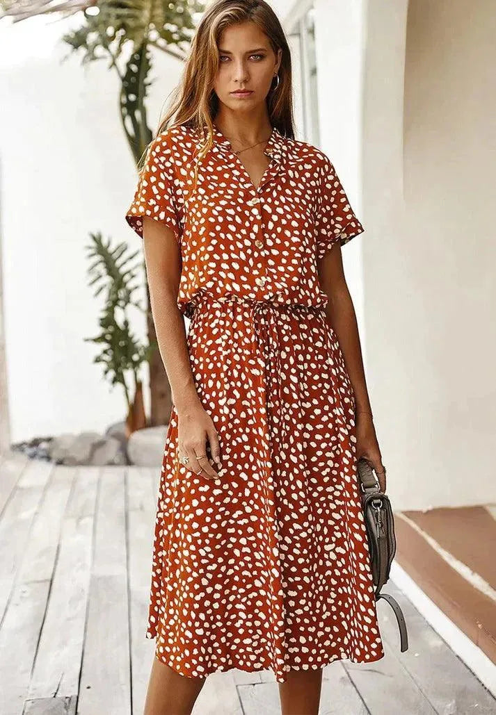 Women’s Short Sleeve Midi Dress with V-Neckline and Tie Waist