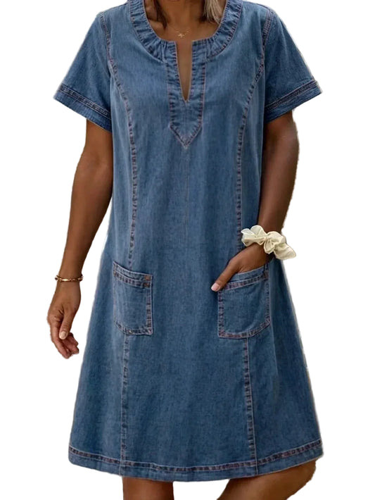 Women’s Short Sleeve Mini Dress with V-Neck and Patch Pockets