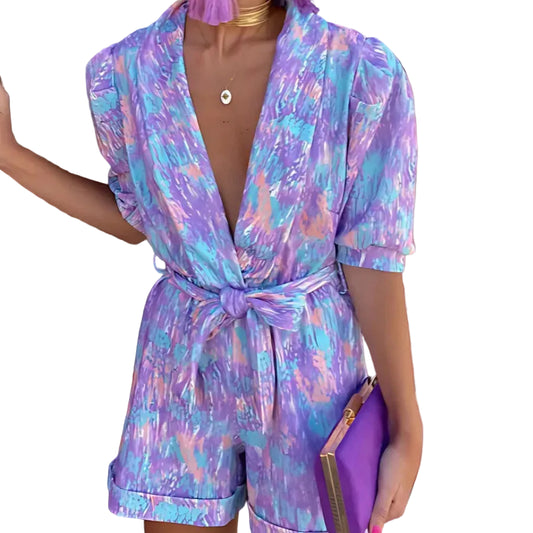 Women’s Short Sleeves Printed V-Neck Jumpsuit with Tie Waist